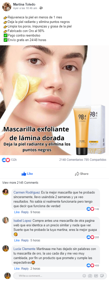 GoldenBeauty - Mascarilla exfoliante de oro | Piel joven en 28 días